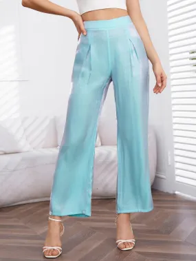 Mint Blue Fold Pleated Hologram Wide Leg High Waist Pants