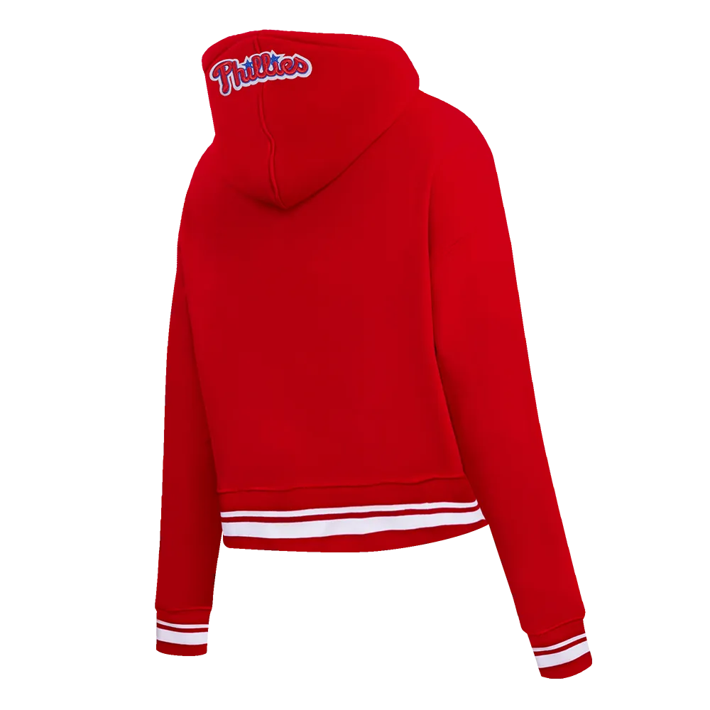 MLB PHILADELPHIA PHILLIES SCRIPT TAIL WOMEN'S RIB FLC CROPPED PO HOODIE (RED)