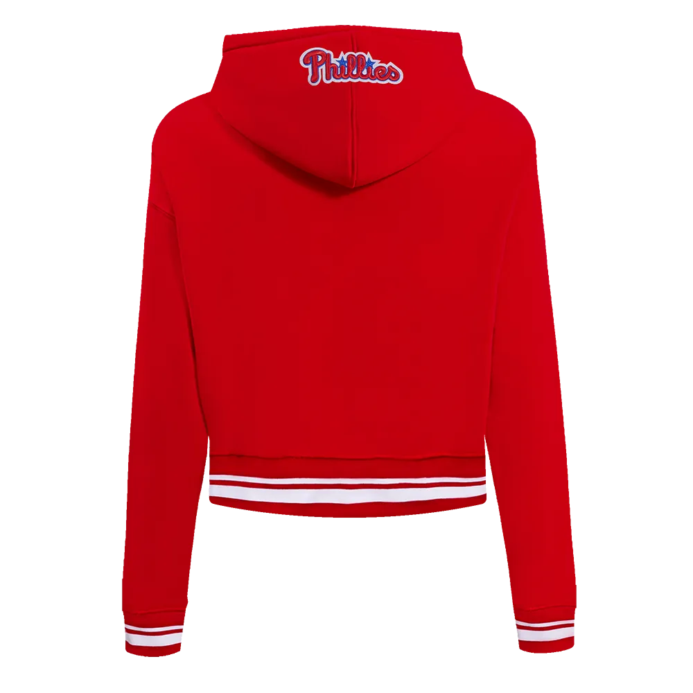 MLB PHILADELPHIA PHILLIES SCRIPT TAIL WOMEN'S RIB FLC CROPPED PO HOODIE (RED)