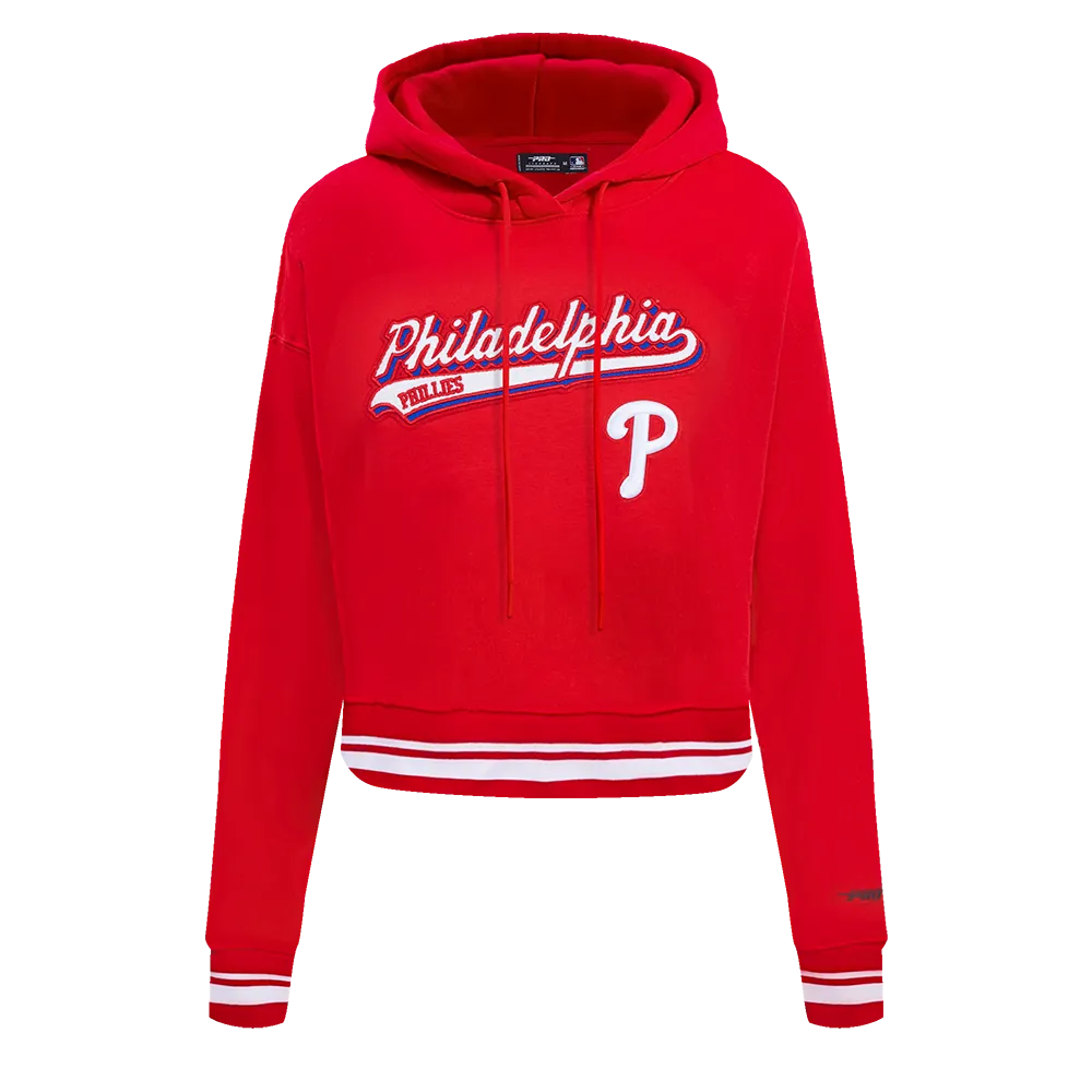 MLB PHILADELPHIA PHILLIES SCRIPT TAIL WOMEN'S RIB FLC CROPPED PO HOODIE (RED)