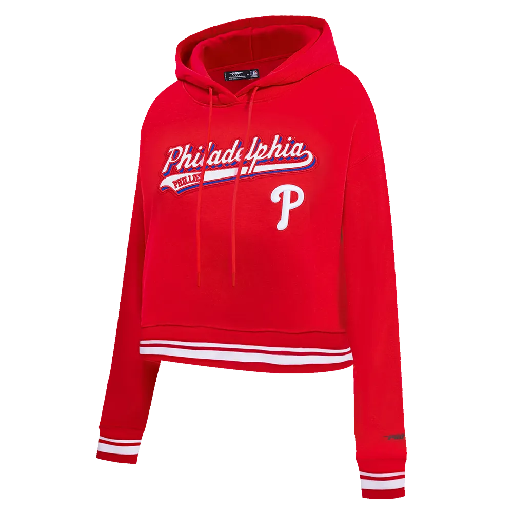 MLB PHILADELPHIA PHILLIES SCRIPT TAIL WOMEN'S RIB FLC CROPPED PO HOODIE (RED)