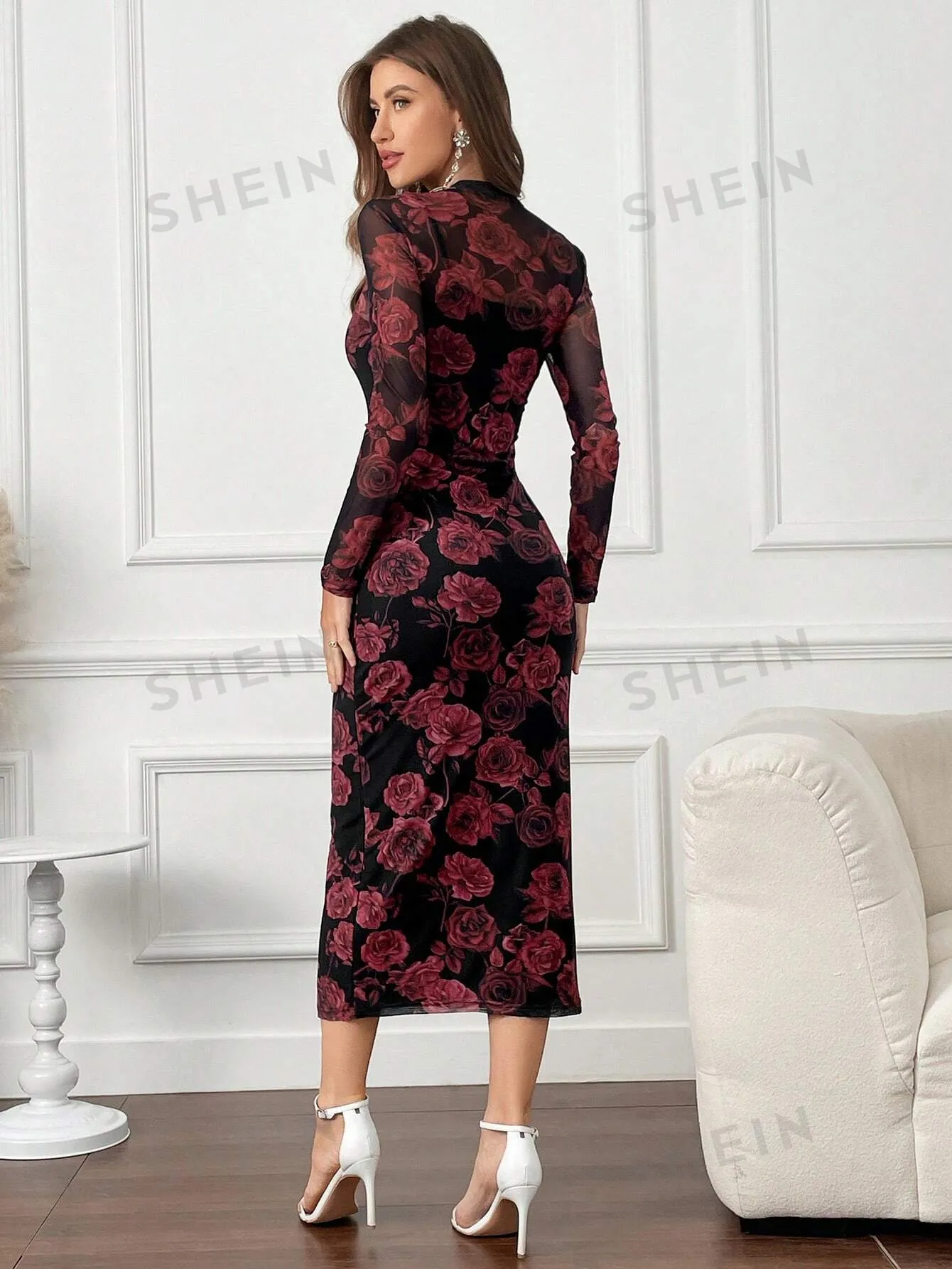 Modely Floral Print Round Neck Bodycon Long Sleeve Dress