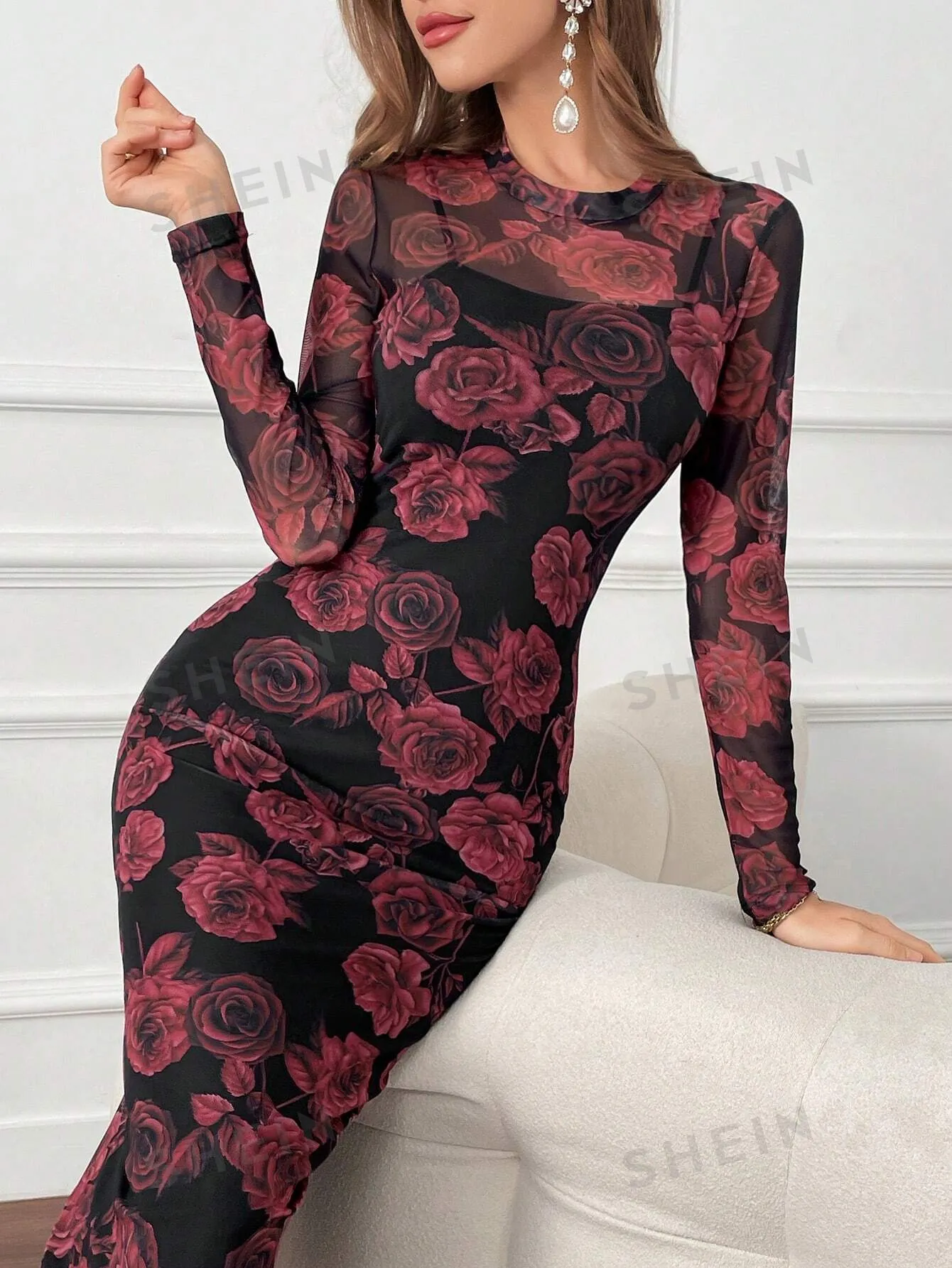 Modely Floral Print Round Neck Bodycon Long Sleeve Dress