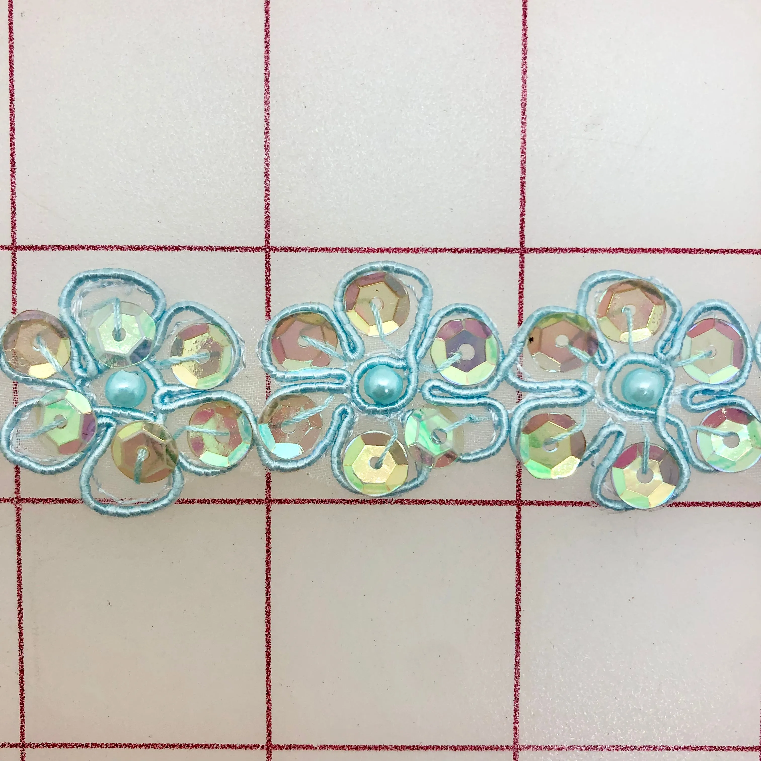 Non-Metallic Trim - 1-inch  Sequined Flower Trim Light Blue