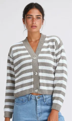 O200311 Knitted Winter Cardigan - Beige & White