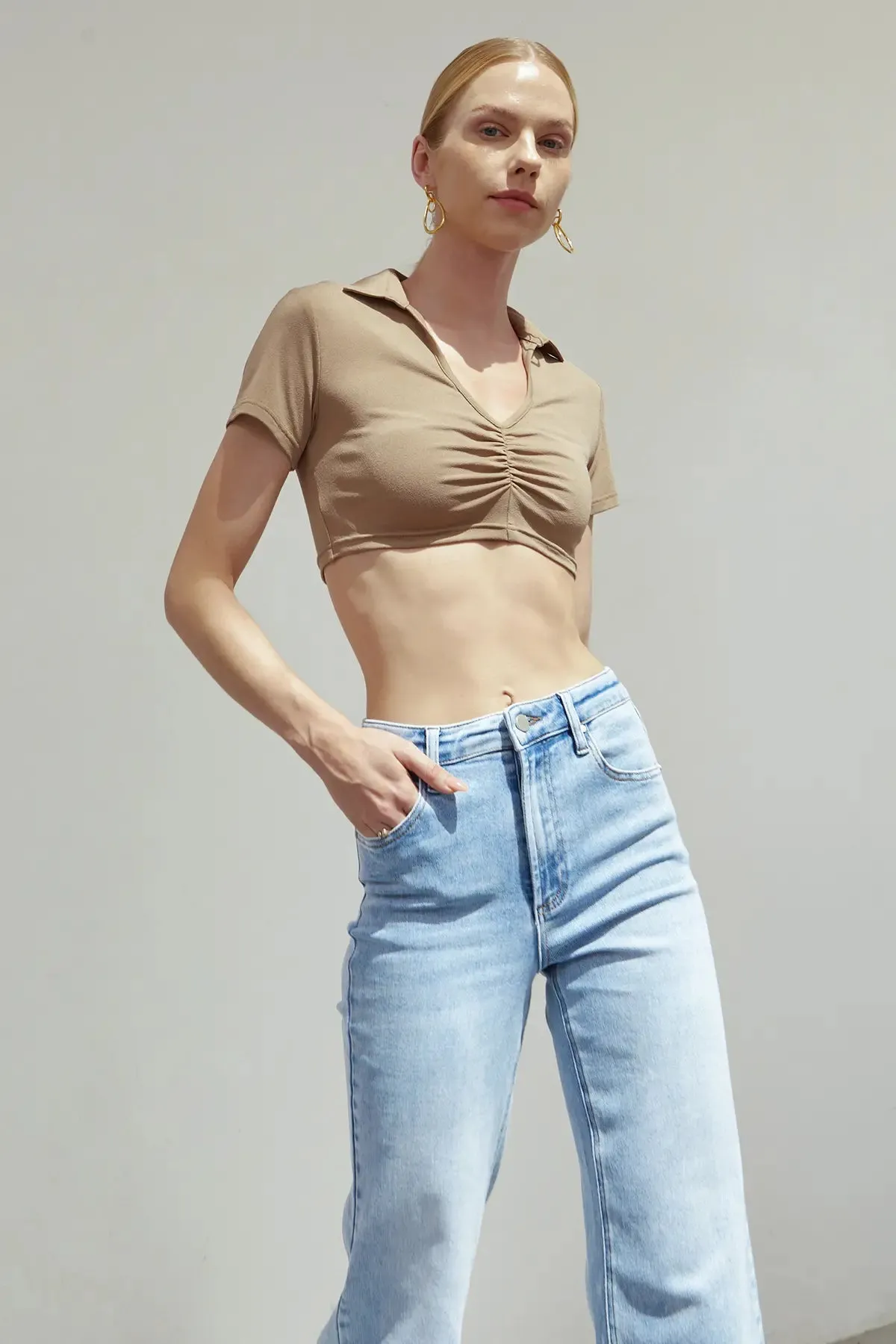 OL Ruched Collar V Neck Crop Top