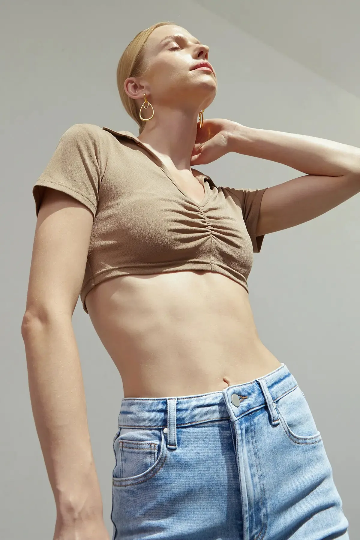 OL Ruched Collar V Neck Crop Top