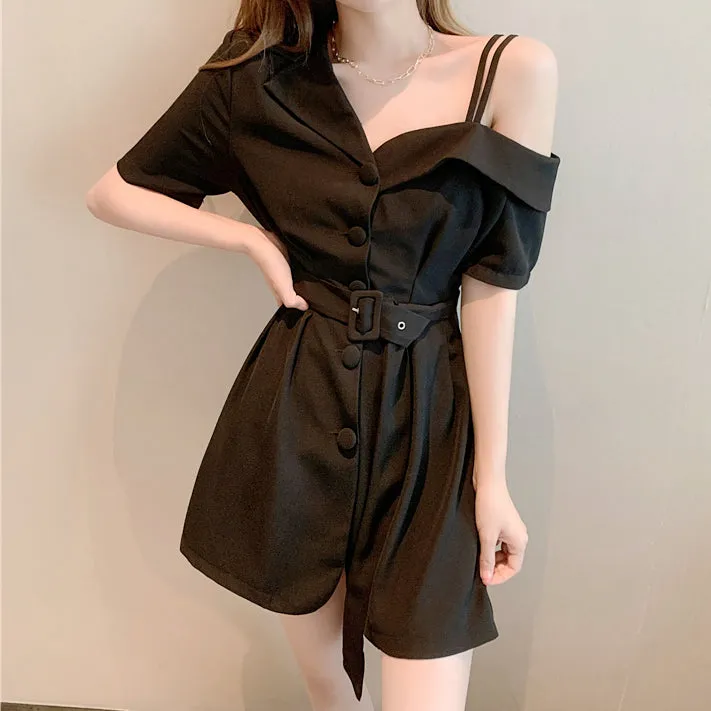 One-Shoulder Belt Waist Short-Sleeved Suit Dress