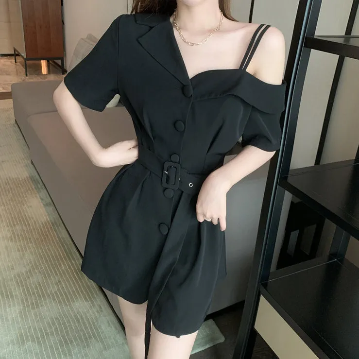 One-Shoulder Belt Waist Short-Sleeved Suit Dress