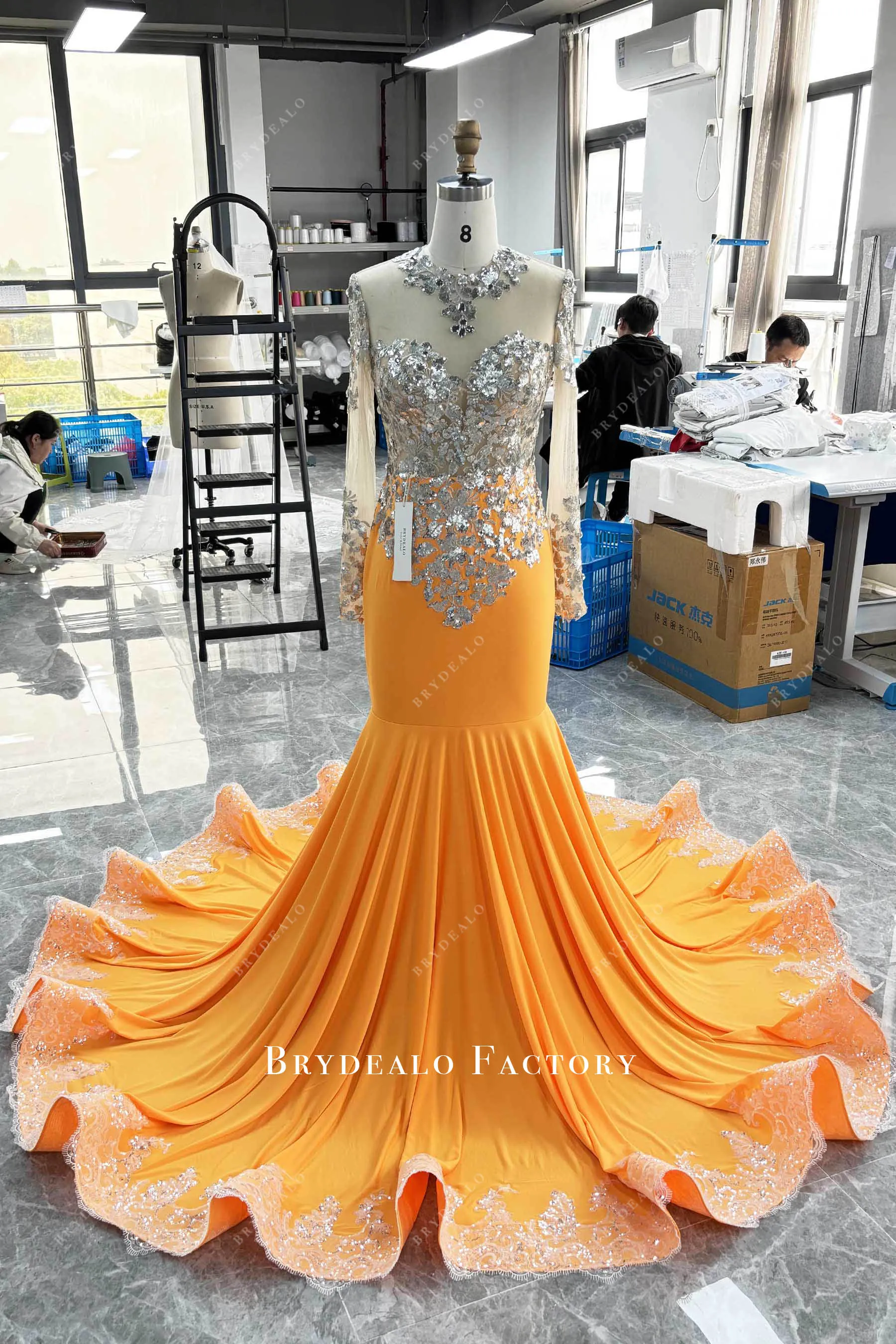 Orange Jersey Silver Sequin Sleeve Mermaid Prom Dress