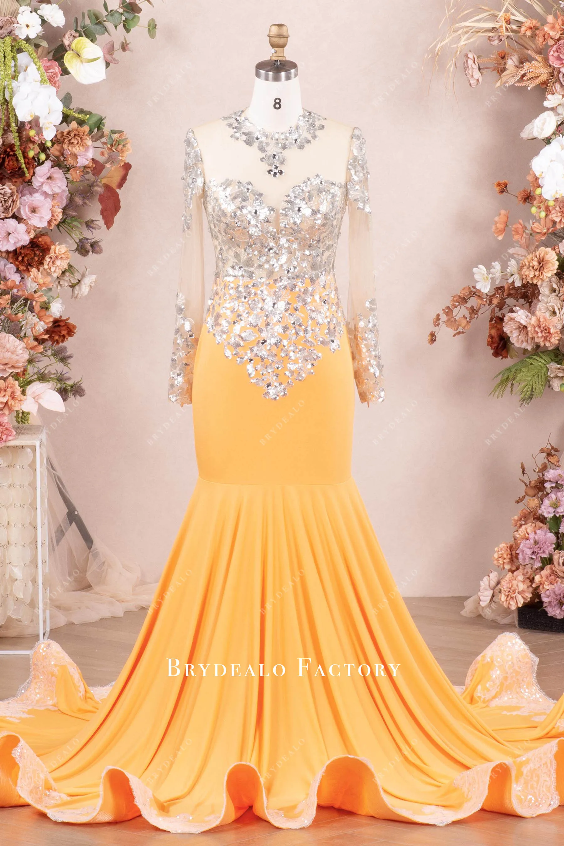 Orange Jersey Silver Sequin Sleeve Mermaid Prom Dress