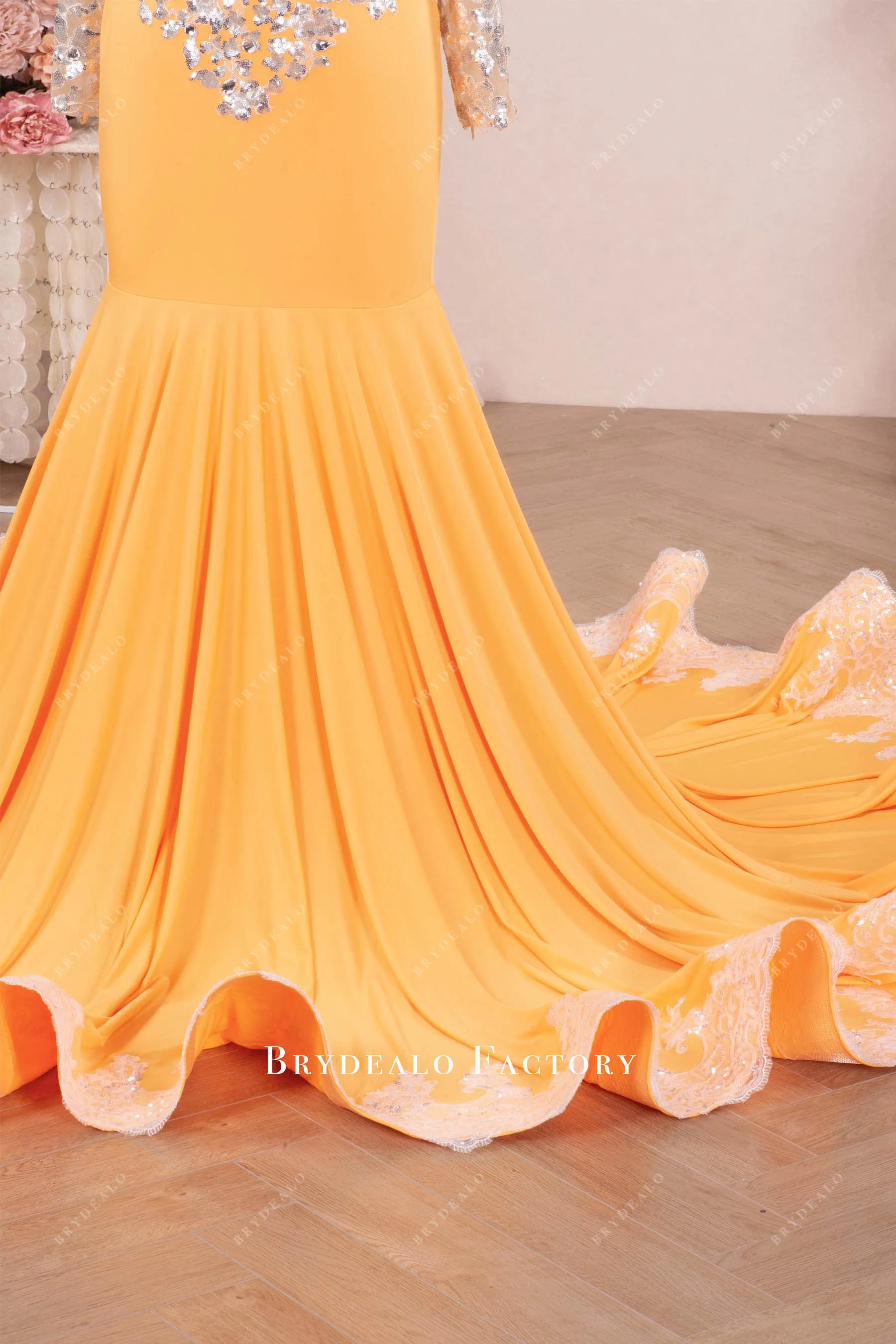 Orange Jersey Silver Sequin Sleeve Mermaid Prom Dress