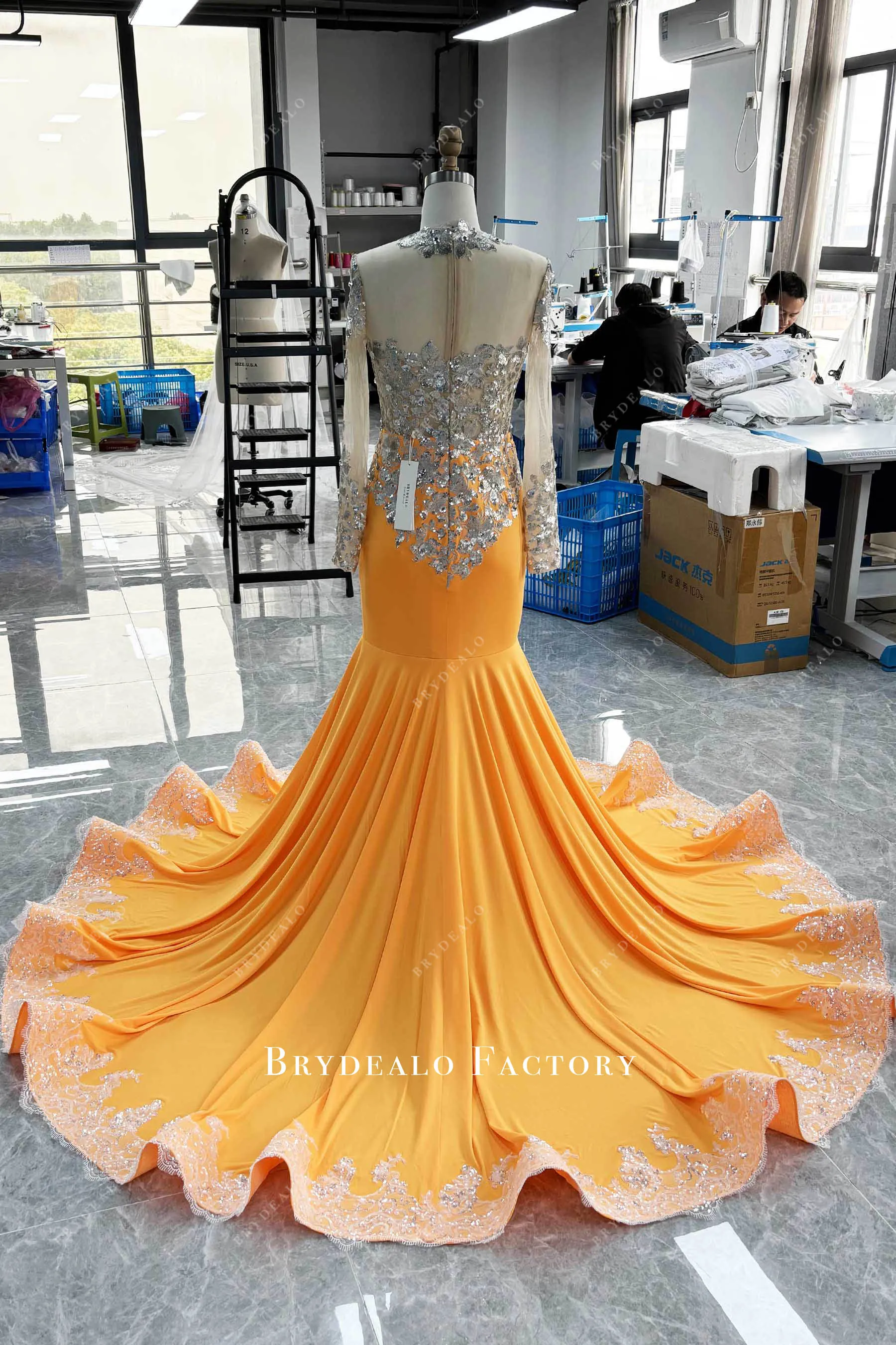 Orange Jersey Silver Sequin Sleeve Mermaid Prom Dress