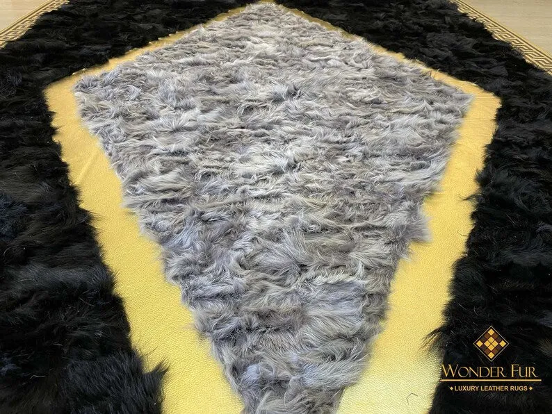 Original Handmade Black Gray And Gold Sheepskin Area Living Room Rug