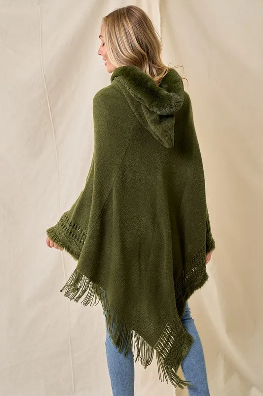 Oversized Faux Fur Knit Sweater Poncho Hooded