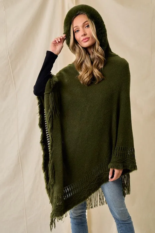 Oversized Faux Fur Knit Sweater Poncho Hooded