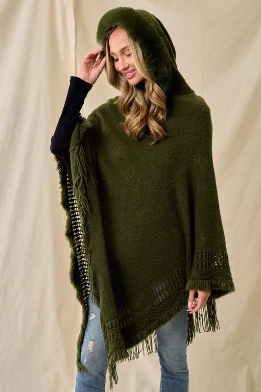 Oversized Faux Fur Knit Sweater Poncho Hooded