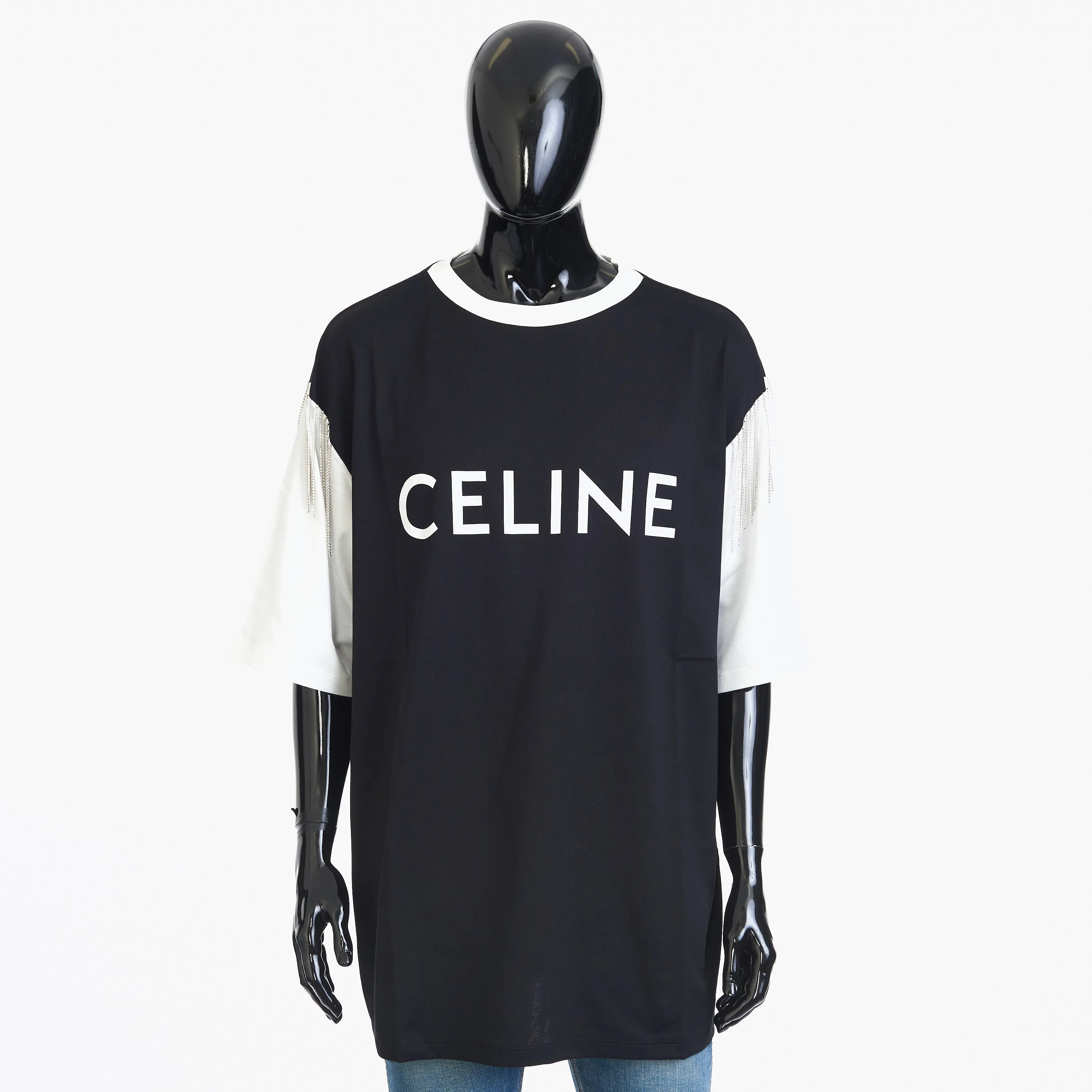 Oversized T-shirt In Black And White Cotton Jersey With Celine Print And Sequined Fringe