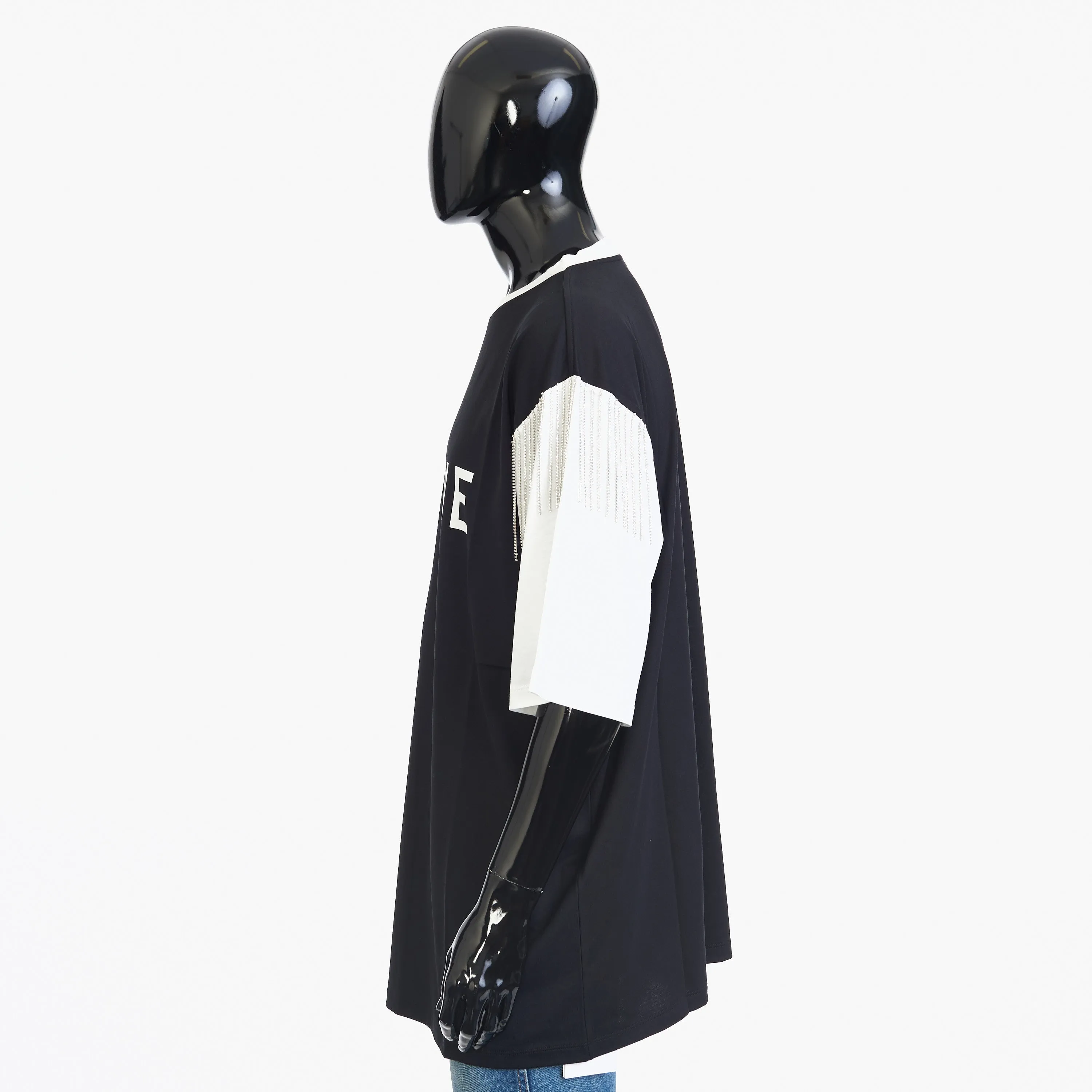 Oversized T-shirt In Black And White Cotton Jersey With Celine Print And Sequined Fringe