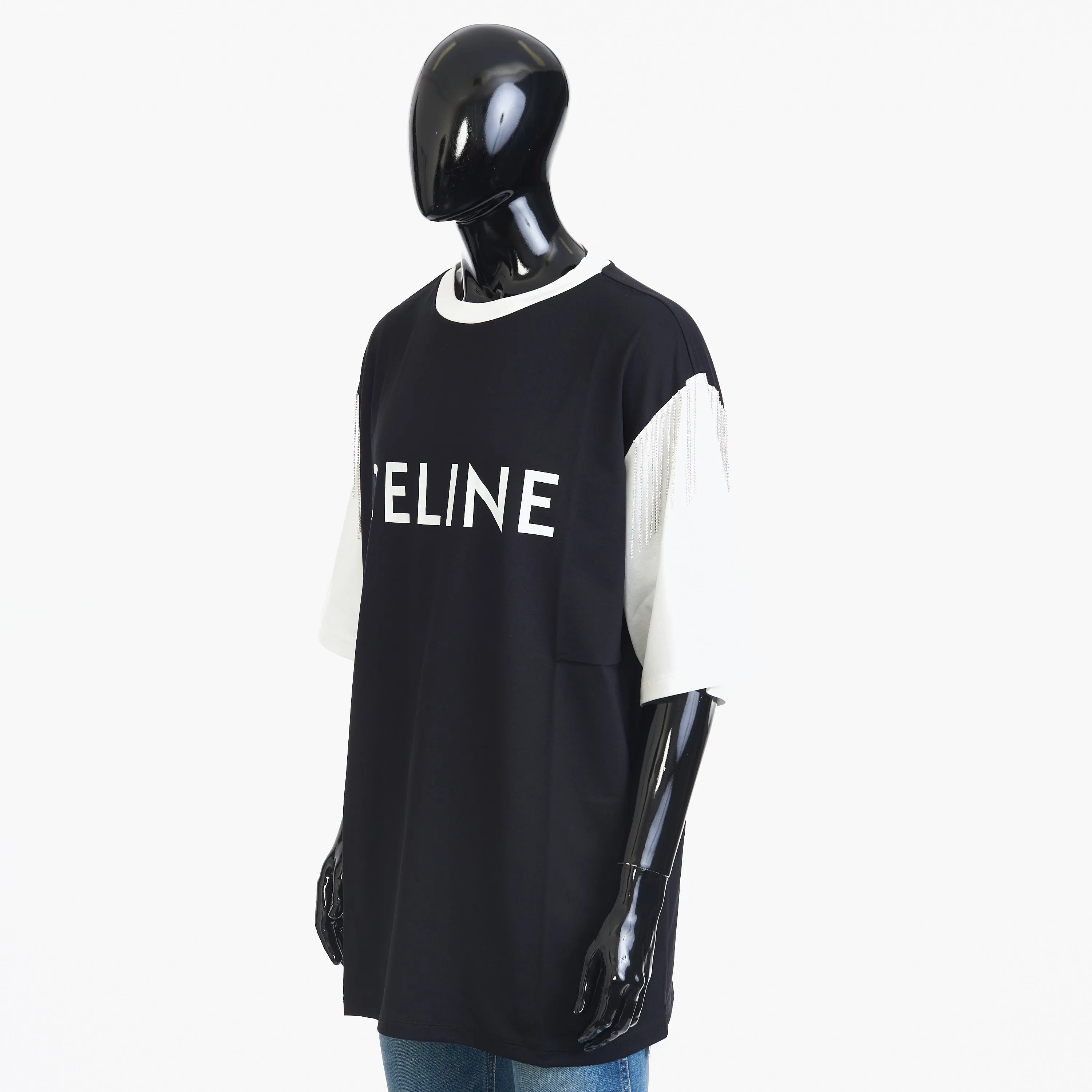 Oversized T-shirt In Black And White Cotton Jersey With Celine Print And Sequined Fringe