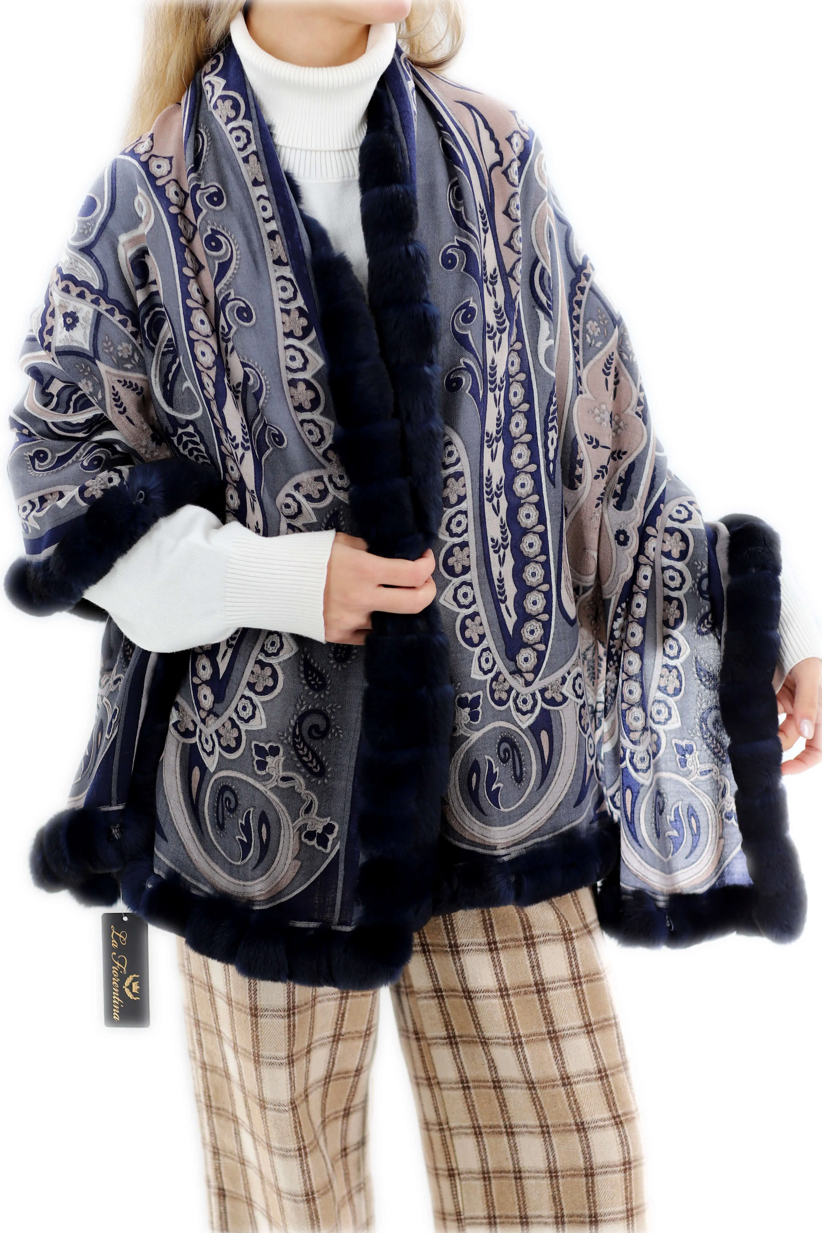 Paisley Print 100% Wool Wrap with Rex Fur Trim - Navy