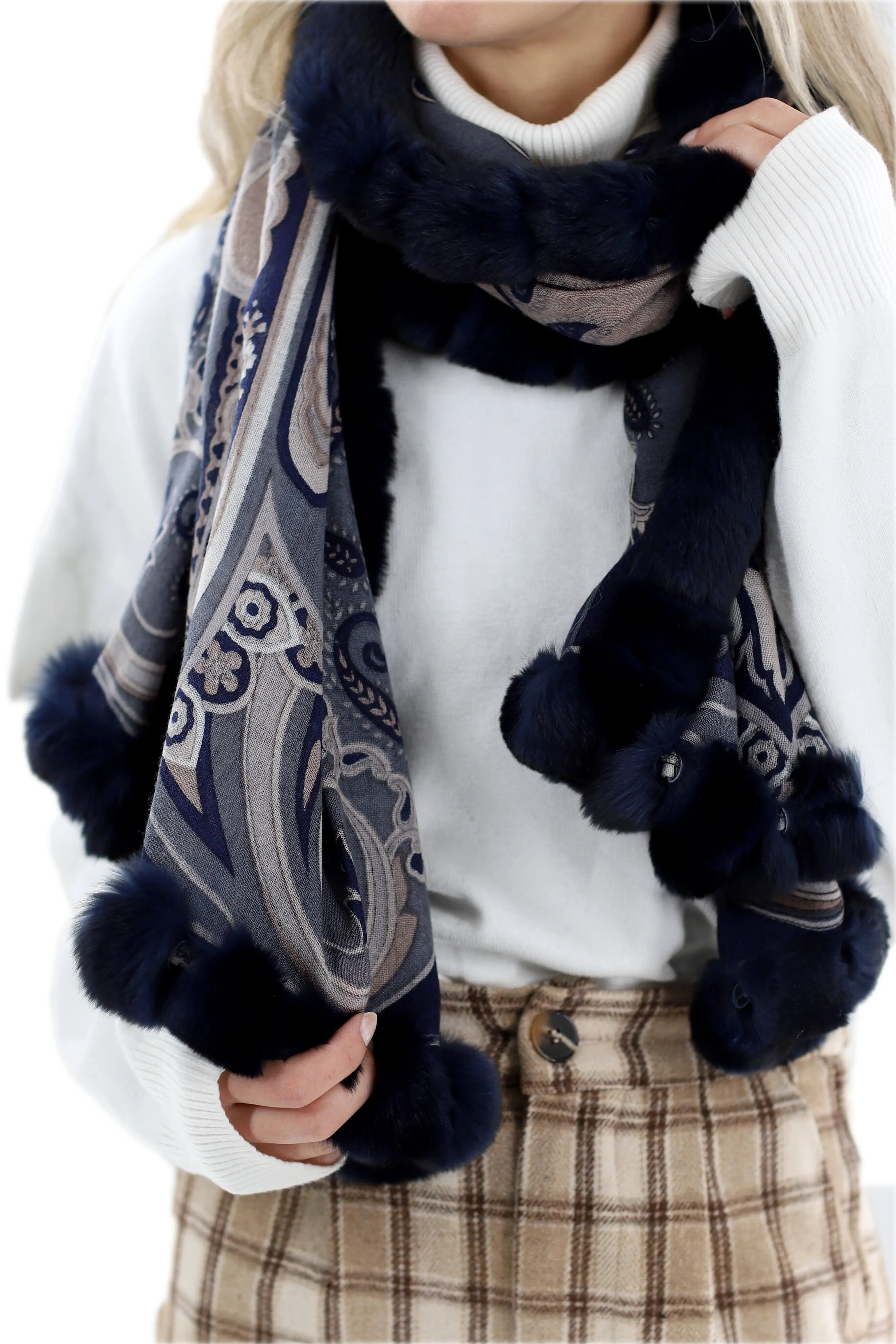 Paisley Print 100% Wool Wrap with Rex Fur Trim - Navy