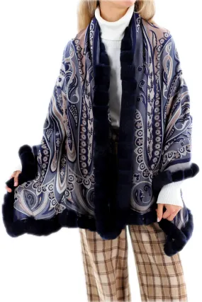 Paisley Print 100% Wool Wrap with Rex Fur Trim - Navy