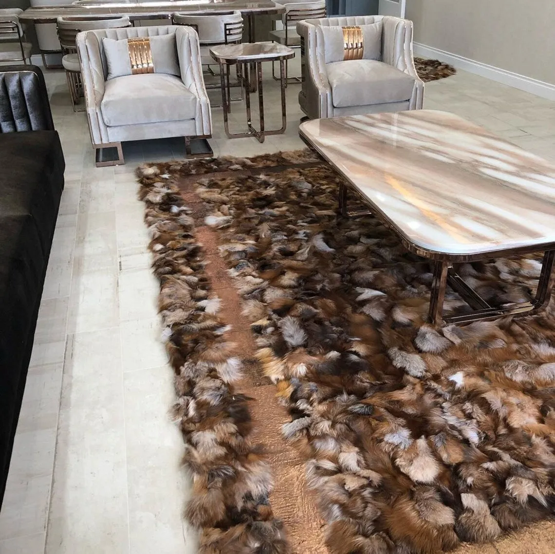 Patchwork Handmade Brown Fox Fur Living Room Rug , Luxury Soft Carpet