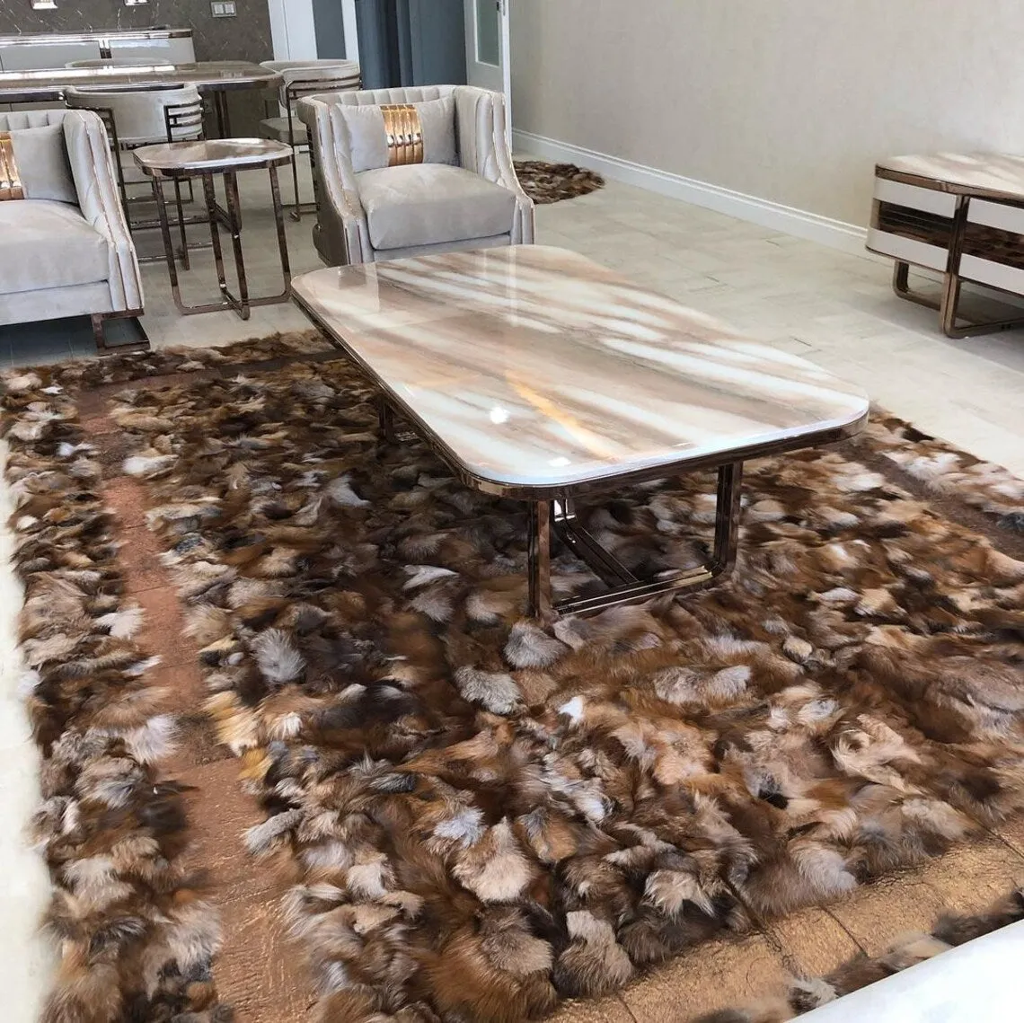 Patchwork Handmade Brown Fox Fur Living Room Rug , Luxury Soft Carpet