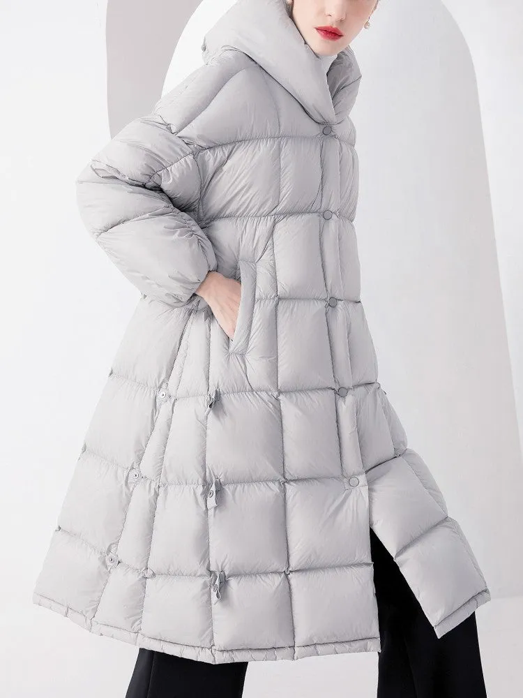 Plaid Hooded Flared Down Puffer Coat