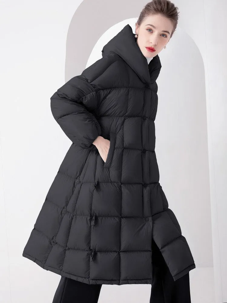 Plaid Hooded Flared Down Puffer Coat