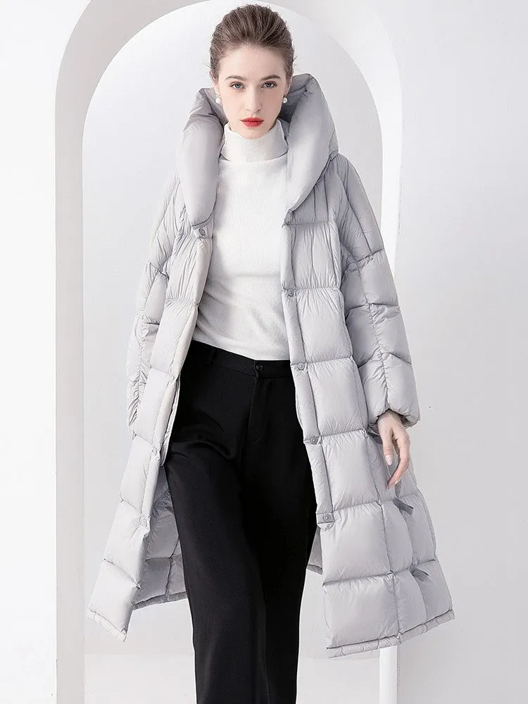 Plaid Hooded Flared Down Puffer Coat