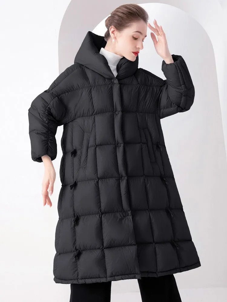 Plaid Hooded Flared Down Puffer Coat