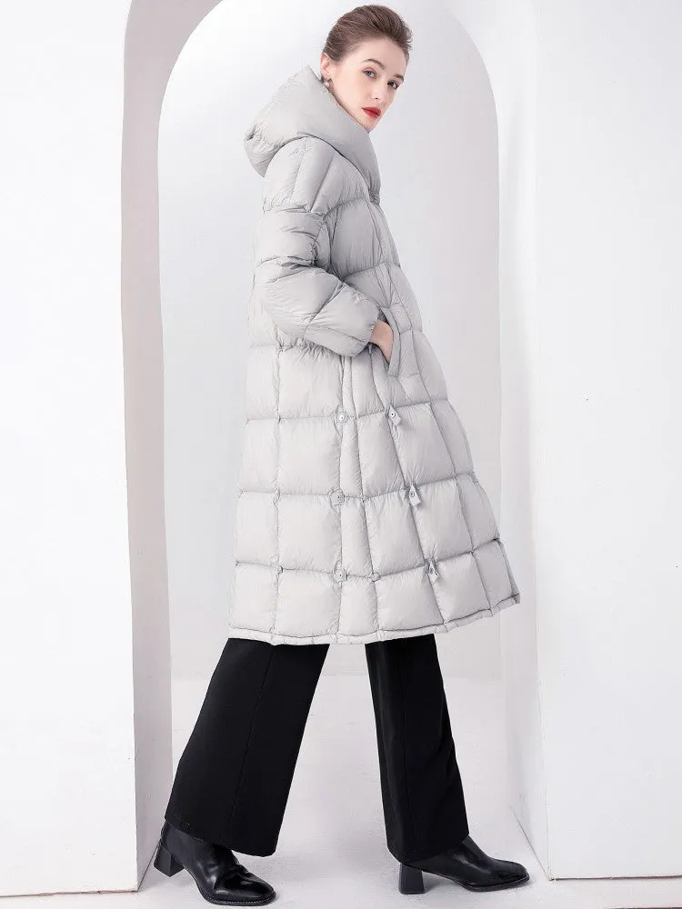 Plaid Hooded Flared Down Puffer Coat