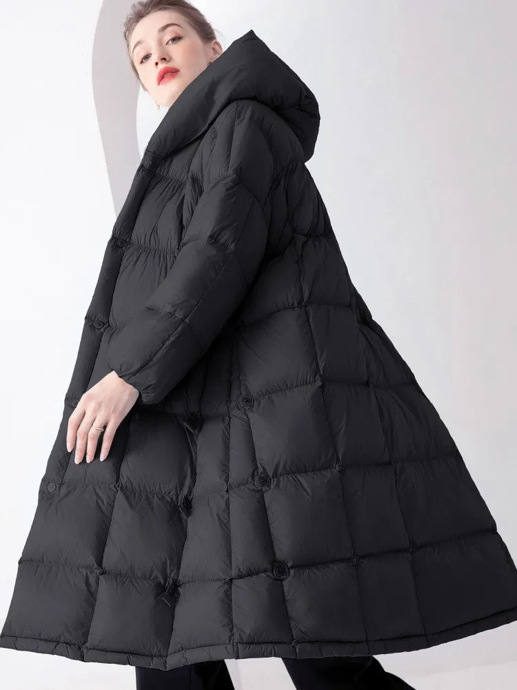 Plaid Hooded Flared Down Puffer Coat