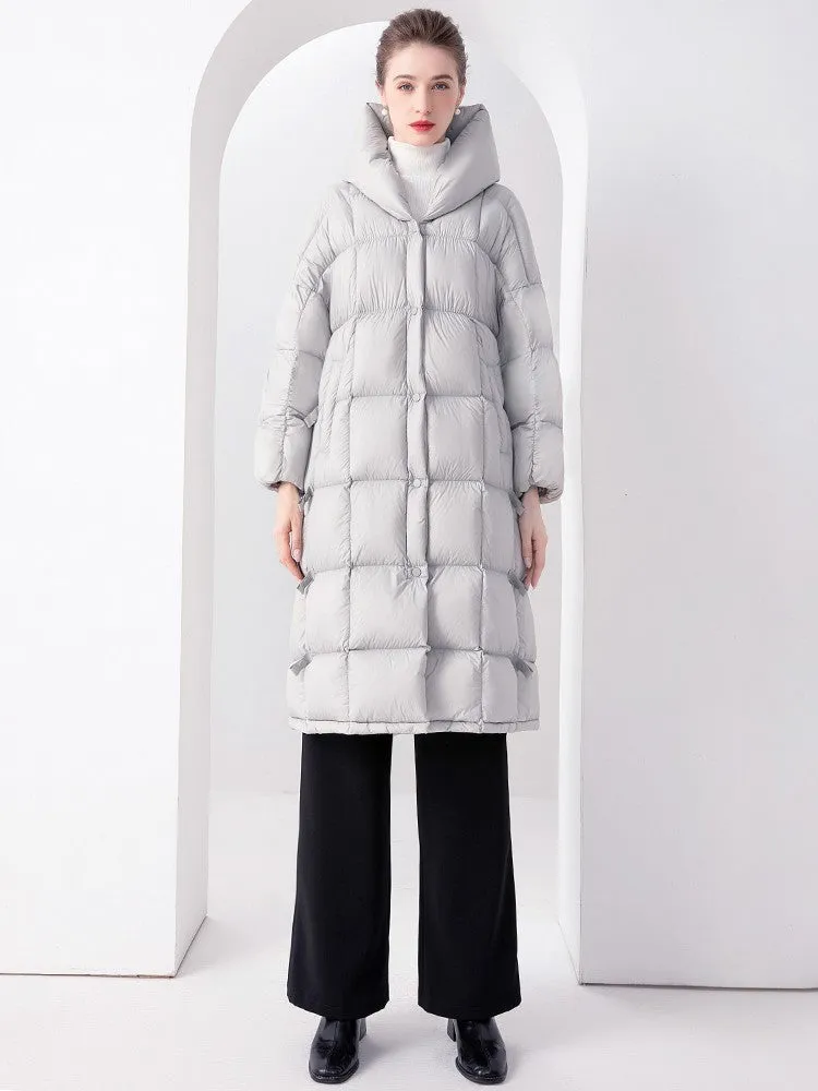 Plaid Hooded Flared Down Puffer Coat