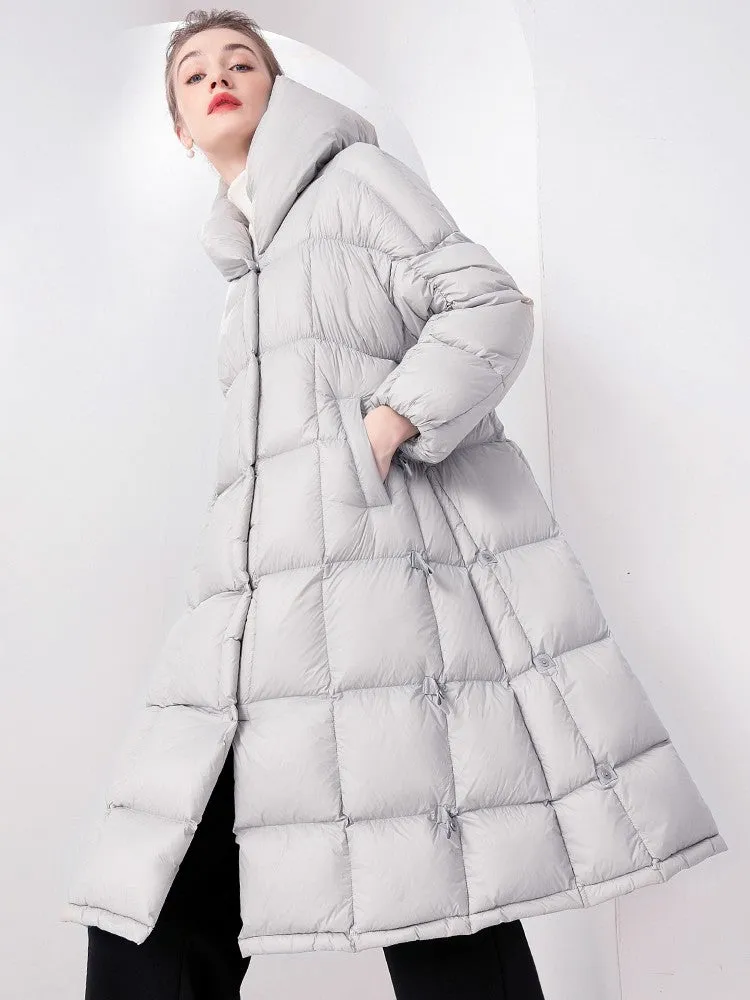 Plaid Hooded Flared Down Puffer Coat