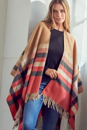 Plaid Khaki Pattern Shawl Poncho