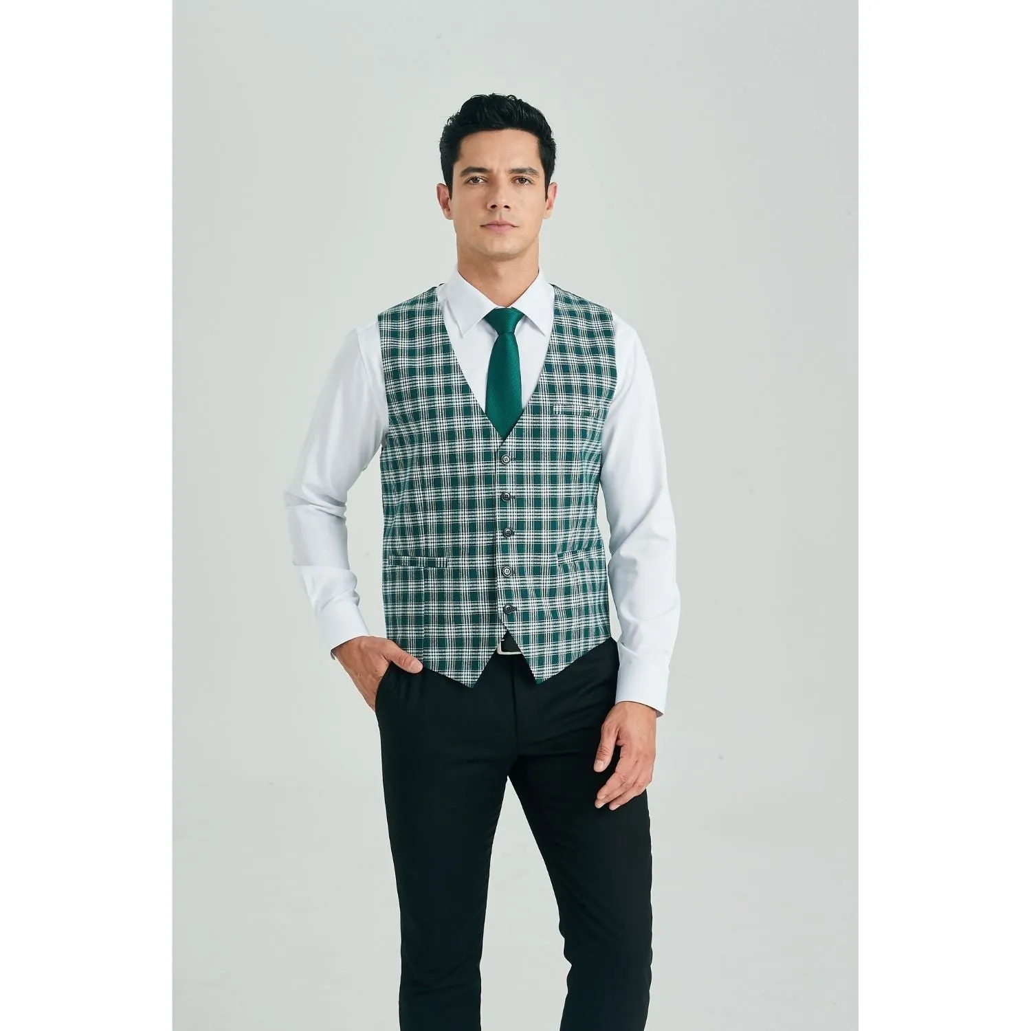 Plaid Slim Suit Vest - C-GREEN