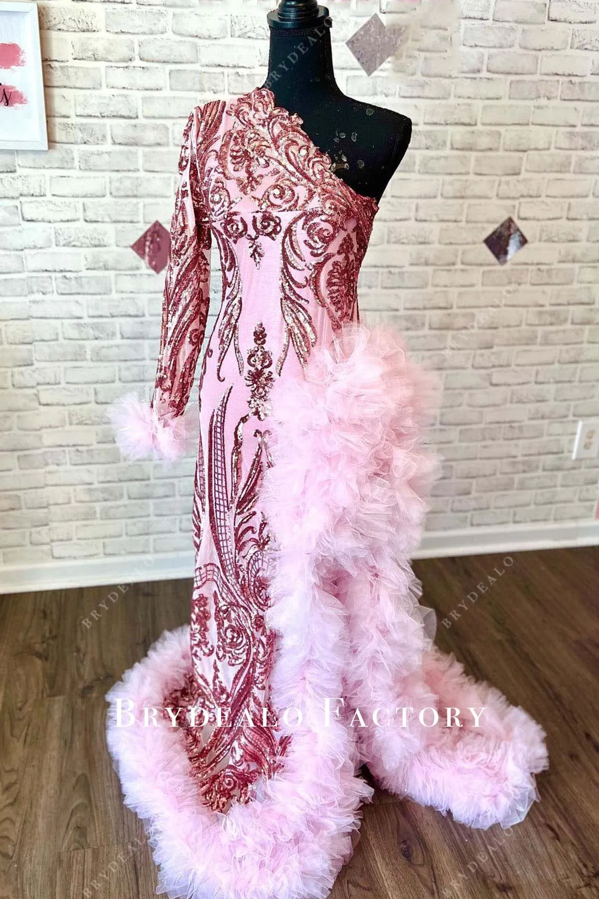 Plus Size Pink Sequined One Sleeve Tulle Slit Prom Dress