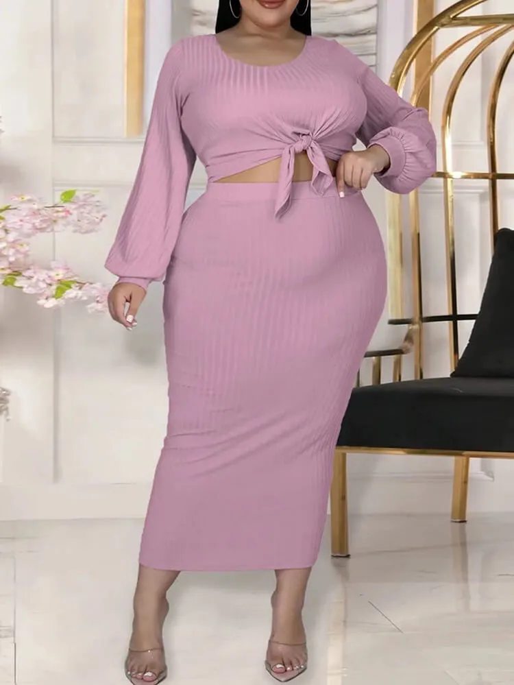 Plus Size Two Piece Ribbed Skirt Suits