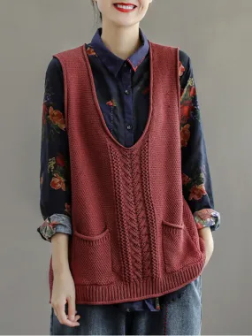 Plus Size Women Pocket Knitted Hollow Sweater Vest