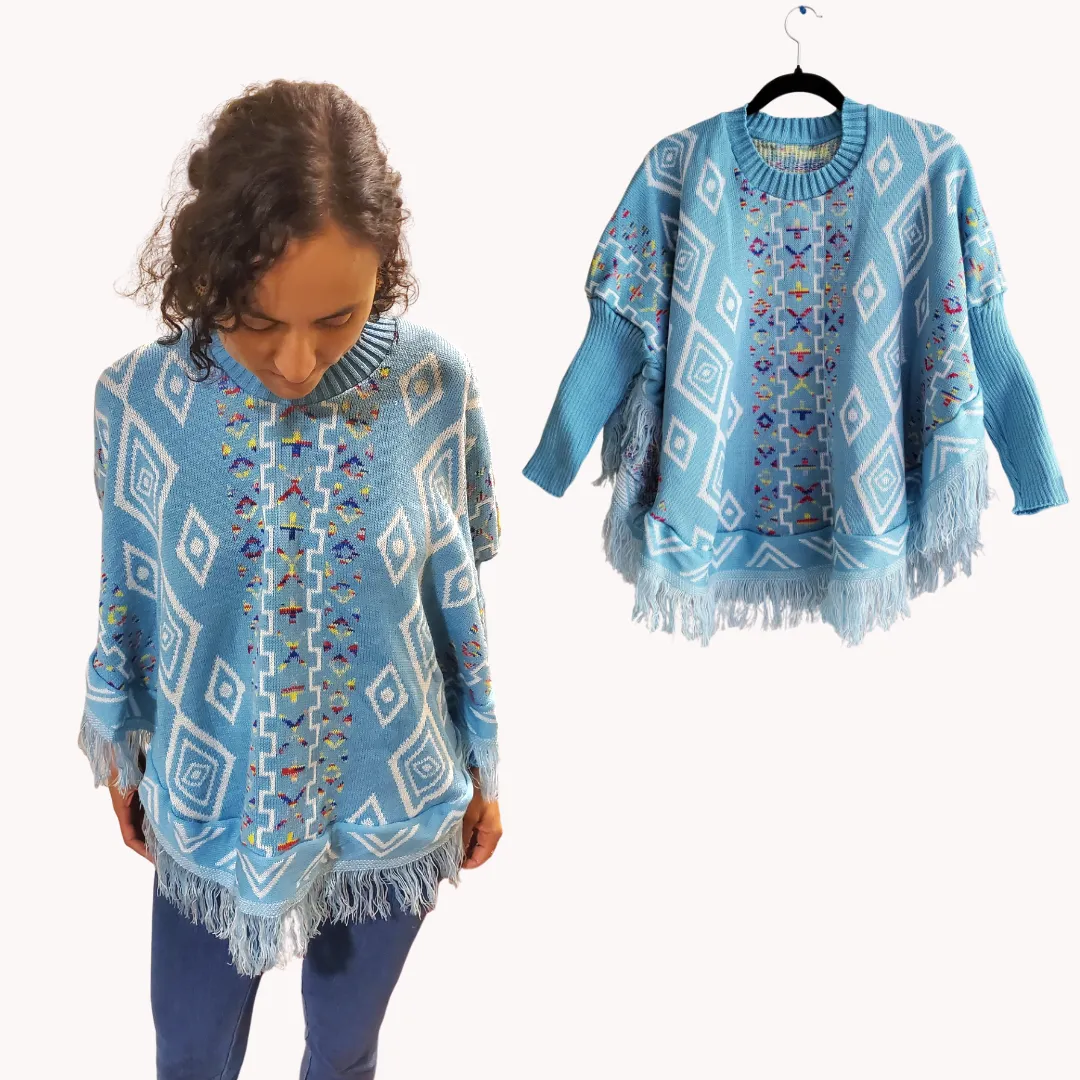 Poncho with sleeves, Ruana, mananita. Mexican sweater, artisanal made, 100% cotton.