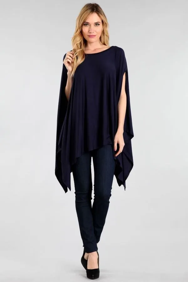 Ponchos Asymmetrical Tunic Top Navy Blue One Size