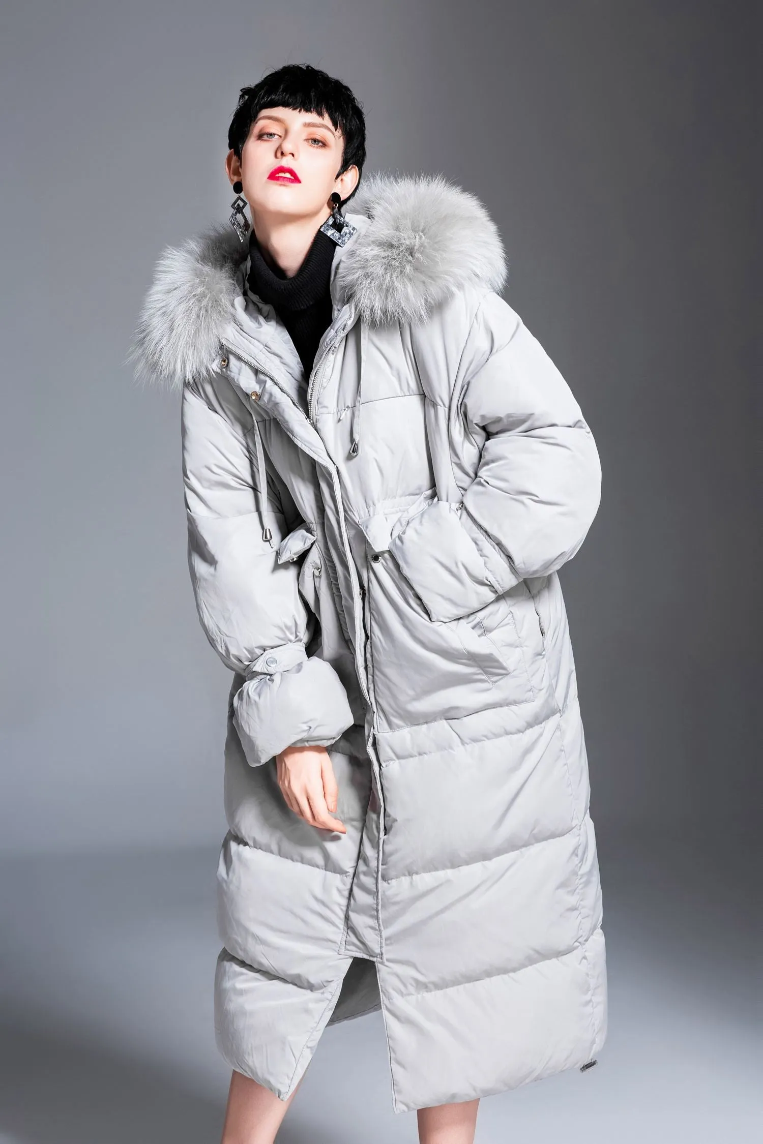 Rabbit fur Collar Hooded Down Puffer Long Coat