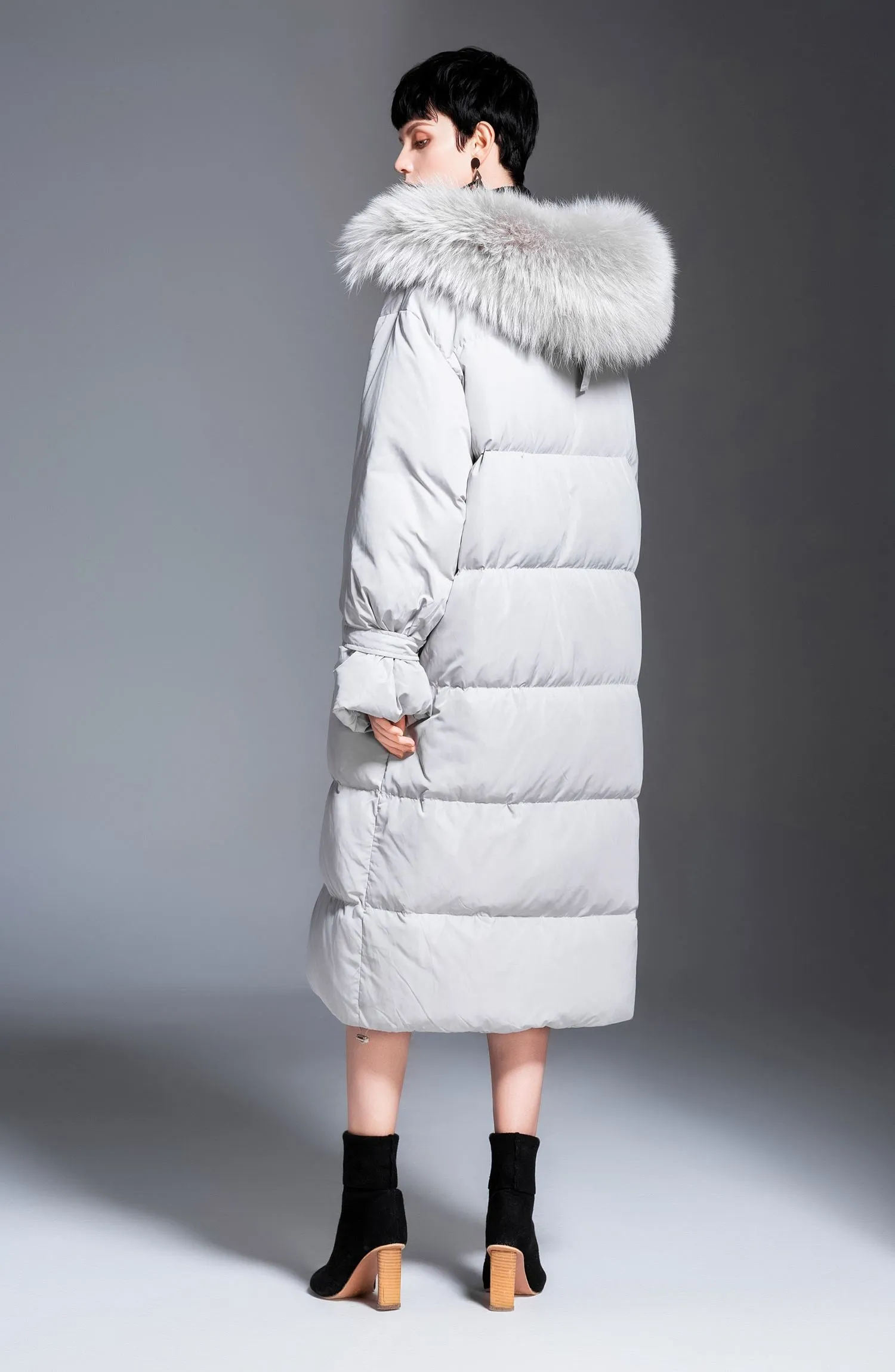 Rabbit fur Collar Hooded Down Puffer Long Coat