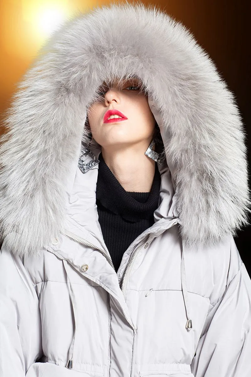 Rabbit fur Collar Hooded Down Puffer Long Coat