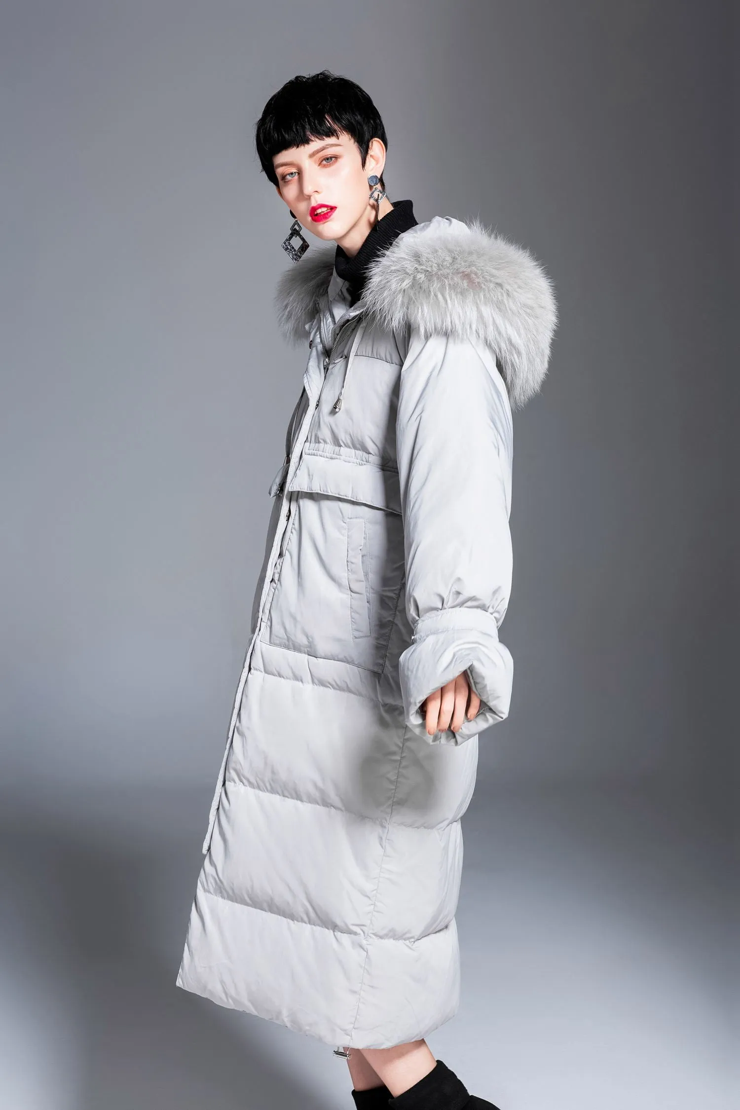 Rabbit fur Collar Hooded Down Puffer Long Coat