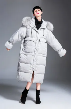 Rabbit fur Collar Hooded Down Puffer Long Coat