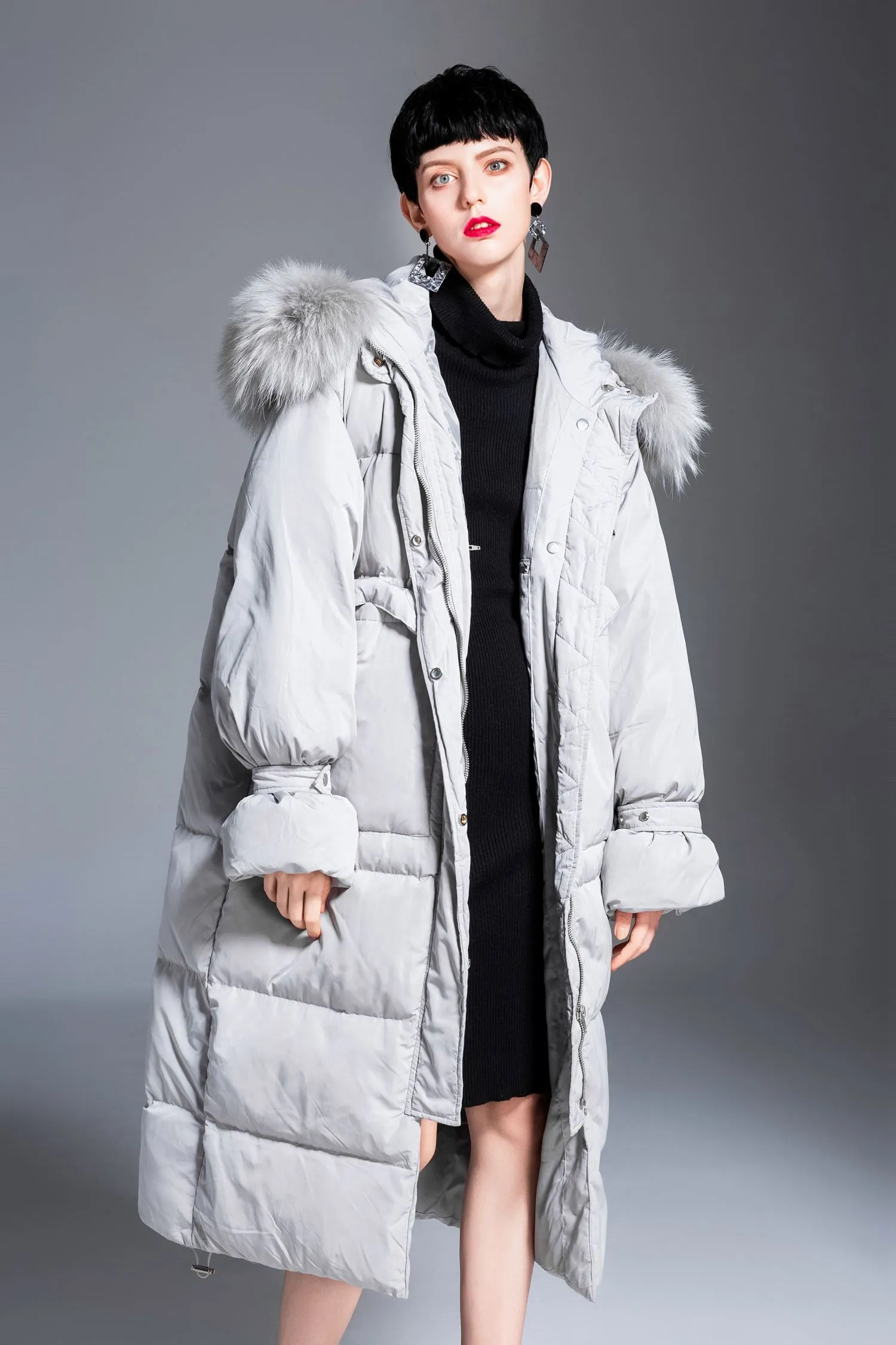 Rabbit fur Collar Hooded Down Puffer Long Coat